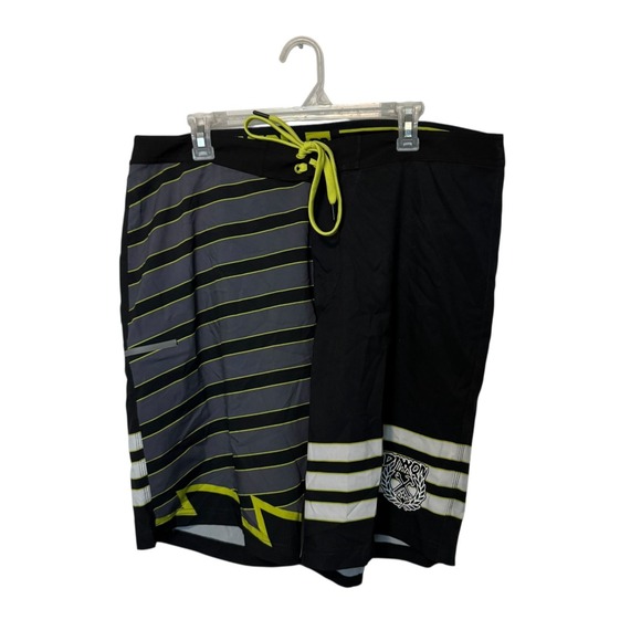 Dixxon Board Shorts Mens 38 Black Gray Yellow Striped Swim Trunks Bathing Suit - Picture 1 of 12